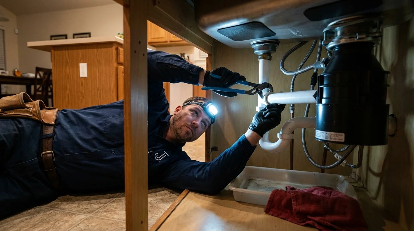 P-trap and supply line connections under a kitchen sink showing a common leak point in Elkfork, KY